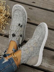 女士柔软轻便透气高帮踝靴，百搭休闲帆布抽绳运动鞋，圆头平底春秋鞋