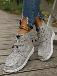 女士柔软轻便透气高帮踝靴，百搭休闲帆布抽绳运动鞋，圆头平底春秋鞋