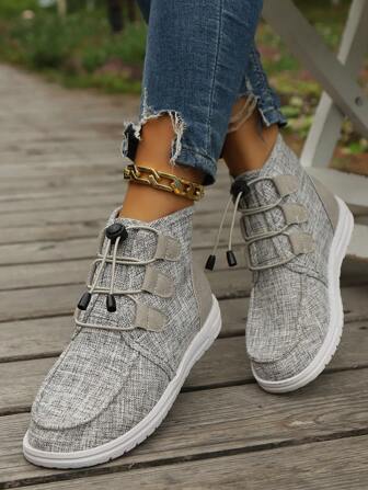 女士柔软轻便透气高帮踝靴，百搭休闲帆布抽绳运动鞋，圆头平底春秋鞋