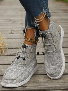 女士柔软轻便透气高帮踝靴，百搭休闲帆布抽绳运动鞋，圆头平底春秋鞋