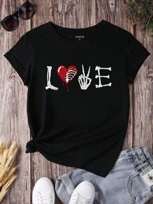 Halloween Heart And Skeleton Finger Print T-Shirt