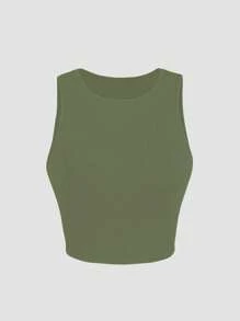 Basic Ribbed Cropped Tank Top - xanh quân đội - Xem 4