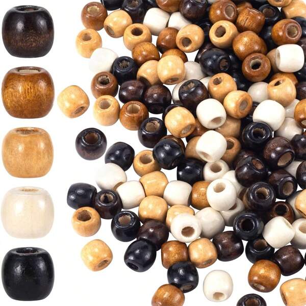 100 peças Contas de madeira com furos grandes para artesanato, Contas de cabelo de madeira natural redondas vintage, 5 cores 11x12mm Contas espaçadoras soltas de madeira para colar de macramê Pulseira de cabelo Artesanato faça você mesmo Decoração feita à mão
