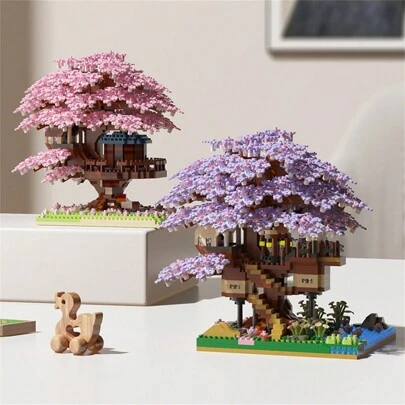 1 zestaw klocków do budowy domu Bonsai z kwiatem wiśni i brzoskwini – wykwintny design, ręcznie robiony model architektoniczny z mikrocząsteczek, materiał ABS, dekoracja biurka, idealny na Halloween, Święto Dziękczynienia, prezenty świąteczne, wystrój domu i gry kreatywne, 1-częściowe wielofunkcyjne narzędzie do demontażu klocków w kształcie zacisku, zestaw narzędzi do demontażu i montażu małych klocków