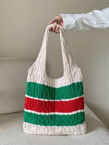 1 件条纹图案 Y2K 新款简约女士日常使用轻便手提包镂空包针织包钩针包沙滩包购物袋夏季书包适合毕业生、青少年、新生、二年级学生、三年级学生和四年级学生，适合大学、大学和高中，非常适合户外、旅行和返校休闲包 - 彩色 - 查看 2