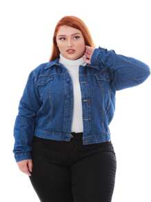 Women's Plus Size Denim Jacket - 深色水洗藍 - 查看 1