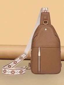 女士复古胸包 复古 PU 皮革单肩斜挎胸包 女士斜挎包 女式手提包 设计师款 2024 - 卡其色 - 查看 3