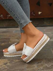 Bowknot Strap Beach Slippers, Women's Fashion Wedge Thick-Sole Sandals Round Toe Rope Bottom Thick-Sole Slide Sandals Suede Solid Color Plus Size Slide Sandals, Versatile For Commuting, Comfortable And Non-Slip - Beige - View 5