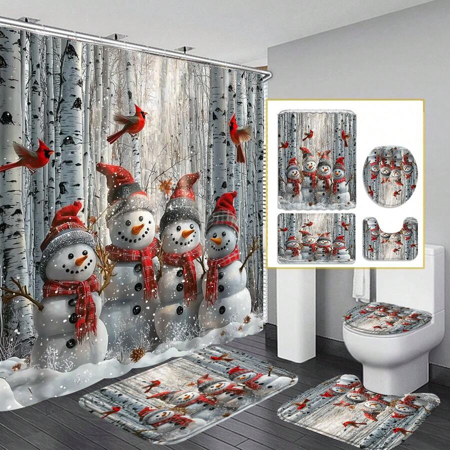 1 件/4 件圣诞雪人浴帘套装、桦树、红雀和松果装饰套装、圣诞快乐浴帘、圣诞帽和围巾浴室地毯、雪地马桶座套、防滑 U 型垫、浴室防水隔断帘、圣诞礼物、家居冬季装饰配件，包括 12 个 C 型挂钩，70.8 英寸 X 70.8 英寸 - 彩色 - 查看 1
