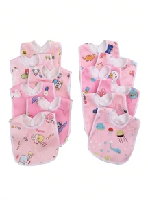 1/2/3pcs Pink Random Pattern Baby Cartoon Rabbit And Dinosaur Pattern Bibs, Suitable For All Seasons, Fashionable Pure Pink Baby Bibs, Suitable For Daily Dining, Baby Waterproof U-Shaped Snap Bibs, With Floral Crystal Velvet Fabric, Feeding Bibs - Pink-random Pattern - View 4