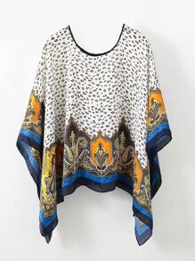 1 件女士沙滩配饰夏季印花蝙蝠袖上衣雪纺斗篷休闲宽松透明衬衫搭配花卉印花真丝围巾波西米亚风沙滩罩衫配饰女士 - 彩色 - 查看 25