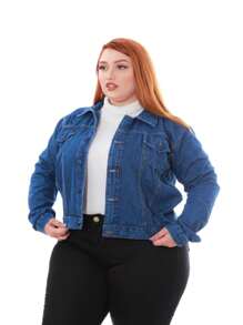 Women's Plus Size Denim Jacket - 深色水洗藍 - 查看 5
