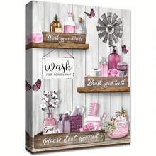 1 件粉色浴室装饰墙艺术帆布 - 1 件带框“洗去烦恼”励志语录印刷品，具有乡村魅力，包裹帆布，木框 - 浴室标志家居装饰海报、墙壁艺术、房间装饰用品 - 彩色 - 查看 2