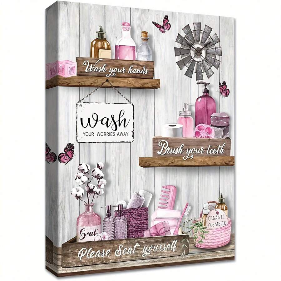 1 件粉色浴室装饰墙艺术帆布 - 1 件带框“洗去烦恼”励志语录印刷品，具有乡村魅力，包裹帆布，木框 - 浴室标志家居装饰海报、墙壁艺术、房间装饰用品