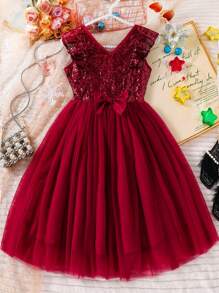 Tween Girl Elegant V-Neck Sequins Ruffle Splice Mesh Wedding Party Bridesmaid Flower Girl Dress - Red - View 2