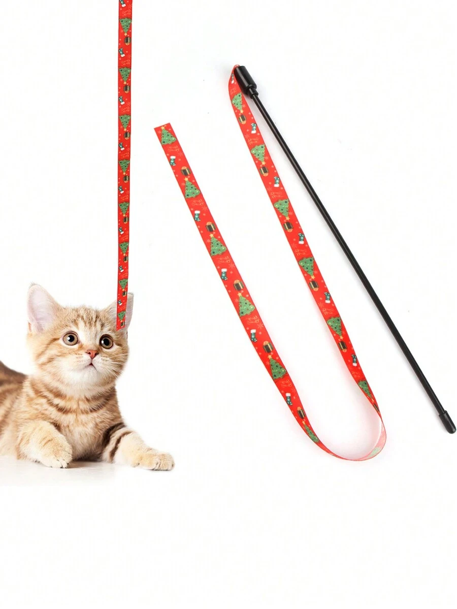 Long Stick Christmas Teasing Cat Stick Cat Toy Biting Ribbon Interactive Deboredom Strip Christmas Ribbon Teasing Cat Stick - 1 Piece - Red - View 1