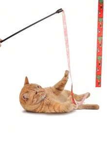 Long Stick Christmas Teasing Cat Stick Cat Toy Biting Ribbon Interactive Deboredom Strip Christmas Ribbon Teasing Cat Stick - 1 Piece - Red - View 2