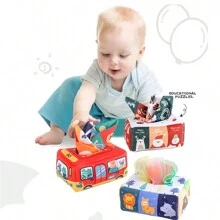 1 套婴儿蒙特梭利软纸巾盒玩具感官学习布玩具多功能彩色纸巾盒玩具适合婴儿，圣诞节