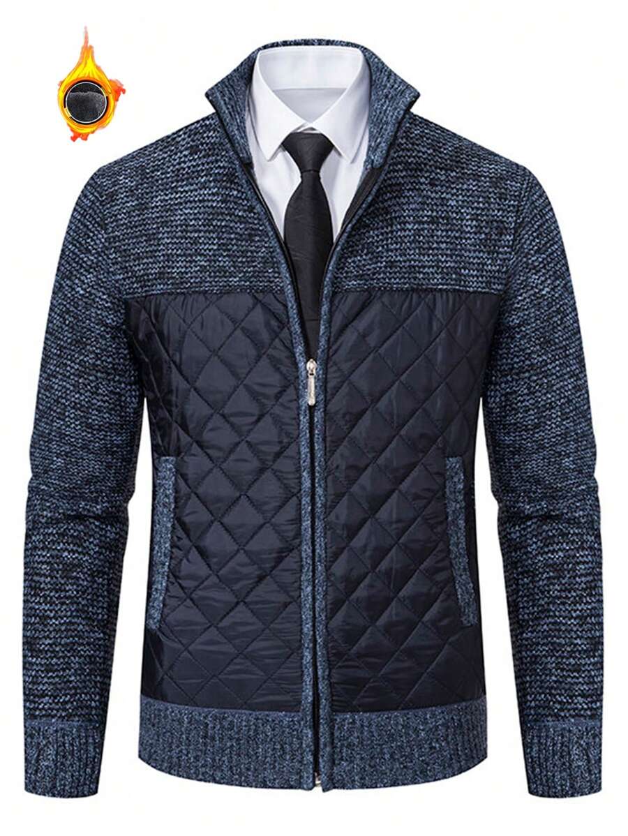 Men Zip-Up Thermal Lined Cardigan Sweater Jacket With Long Sleeves For Workout - Dark Grey - View 1