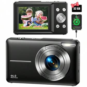 Nicamery 2025 Nieuwste 44MP 1080P digitale camera voor fotografie, digitale snapshot en opname, 16x zoom 32GB SD-kaart, 2 batterijen, compacte reiscamera geschikt voor jongeren, tieners en ouderen als cadeau