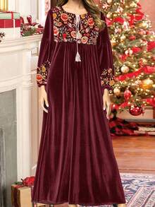Elegant Flower Print & Velvet Patchwork Dress, Spring & Fall - Burgundy - View 1