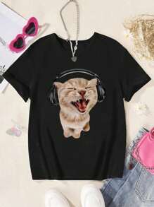 Girls' Short Sleeve Round Neck T-Shirt With Cute And Fashionable Cat Print - 黑色 - 查看 1