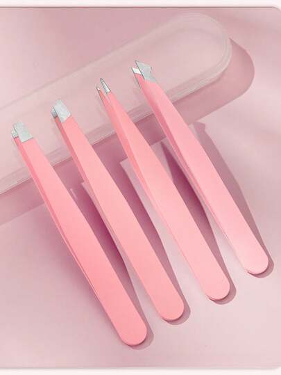 一套不锈钢粉色眉夹镊子，用于去除眉毛毛发，直头和斜头，双眼皮贴，黑色不锈钢尖头眉毛去除镊子