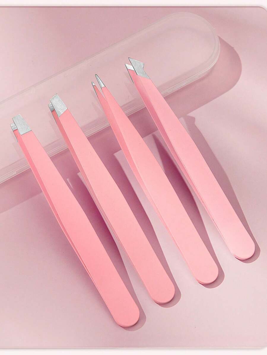 一套不锈钢粉色眉夹镊子，用于去除眉毛毛发，直头和斜头，双眼皮贴，黑色不锈钢尖头眉毛去除镊子 - 彩色 - 查看 1