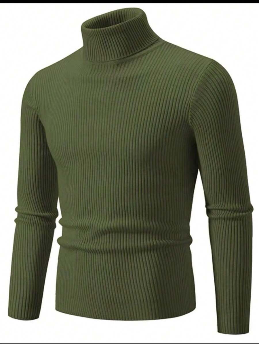 Men's Ribbed Turtleneck Sweater - 軍綠色 - 查看 1