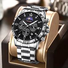 Đồng hồ đeo tay đa chức năng thời trang cao cấp dành cho nam có chức năng hiển thị ngày-ngày-tuần trăng, dây đeo bằng thép không gỉ chắc chắn, khóa bướm, phong cách thể thao - màu đen - Xem 2