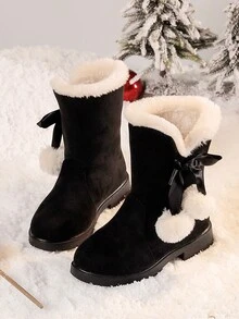 Girls' Thicken Rubber Winter Boots With Fluffy Pompom & Bow, Christmas Snowboots For Big Kids - Black - View 4
