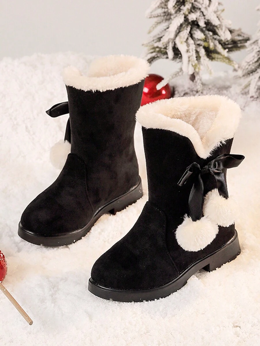 Girls' Thicken Rubber Winter Boots With Fluffy Pompom & Bow, Christmas Snowboots For Big Kids - Black - View 1