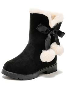 Girls' Thicken Rubber Winter Boots With Fluffy Pompom & Bow, Christmas Snowboots For Big Kids - Black - View 5