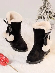 Girls' Thicken Rubber Winter Boots With Fluffy Pompom & Bow, Christmas Snowboots For Big Kids - Black - View 2