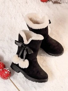 Girls' Thicken Rubber Winter Boots With Fluffy Pompom & Bow, Christmas Snowboots For Big Kids - Black - View 3