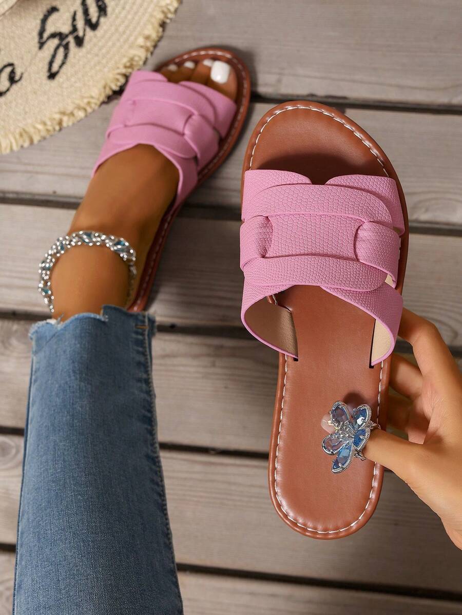 韩式休闲平底拖鞋，夏季露趾拖鞋，编织罗马凉鞋，适合春、夏、秋季，适合搭配裙装、海滩、公寓、白色、米色、黑色、橙色、黄色、紫色、灰色、金色、银色、蓝色、绿色、粉色、棕色、豹纹、正式、假日、波西米亚风格、海军蓝、水钻、休闲一脚蹬鞋、舒适柔软海滩厚底平底鞋、系带、闪光、穆勒鞋、人字拖 - 粉色 - 查看 1