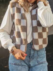 CILKOO Khaki Checkered Lapel Winter Women's Jacket Vest