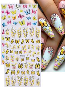 4pcs Yellow Flower Butterfly Nail Art Stickers, 3D Butterfly Bee Flower Vine Design Self-Adhesive Elegant Stickers, DIY Nail Decor, Suitable For Women And Girls - Multicolor - View 3