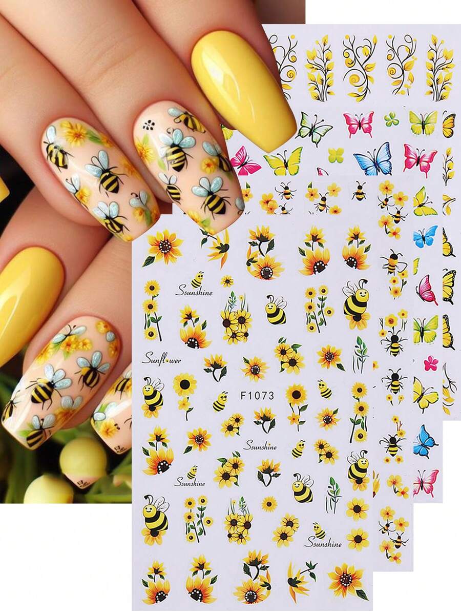 4pcs Yellow Flower Butterfly Nail Art Stickers, 3D Butterfly Bee Flower Vine Design Self-Adhesive Elegant Stickers, DIY Nail Decor, Suitable For Women And Girls - Multicolor - View 1