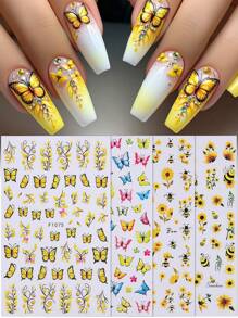 4pcs Yellow Flower Butterfly Nail Art Stickers, 3D Butterfly Bee Flower Vine Design Self-Adhesive Elegant Stickers, DIY Nail Decor, Suitable For Women And Girls - Multicolor - View 2