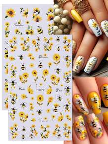4pcs Yellow Flower Butterfly Nail Art Stickers, 3D Butterfly Bee Flower Vine Design Self-Adhesive Elegant Stickers, DIY Nail Decor, Suitable For Women And Girls - Multicolor - View 4