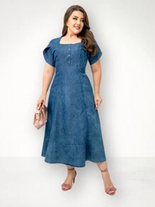 Flared Midi Jeans Dress - 藍色 - 查看 2