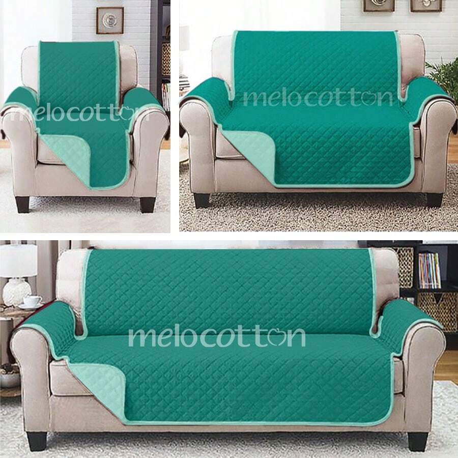 Set Of 3 Living Room Protectors - Double-Sided Quilted - Teal Blue - View 1