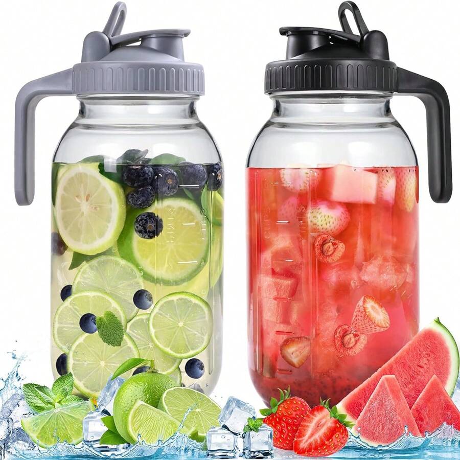 Glass Pitchers With Lid, Set Of 2, 64OZ Leak-Proof Airtight Mason Jars, Wide Mouth Water Jugs For Cold Brew Coffee, Iced Tea, Milk, Food Storage, Sun Tea Jar. - 黑+灰 - 查看 1