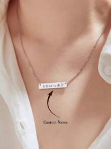 Custom Necklace Engraved Name Text Bar Necklace Personalized Name Stainless Steel Jewelry For Women Silvery Birthday Name Necklaces Gifts Handwriting Name Necklace Gift For Her Birthday Gift Christmas Gift - Silver - View 8