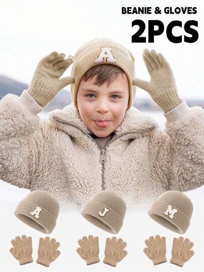 2pcs/Set Baby 26 Alphabet Print Knit Hat And Gloves Set, Fashion Children Cold Weather Cap, Suitable For Boys And Girls Outdoor, Ideal Gift