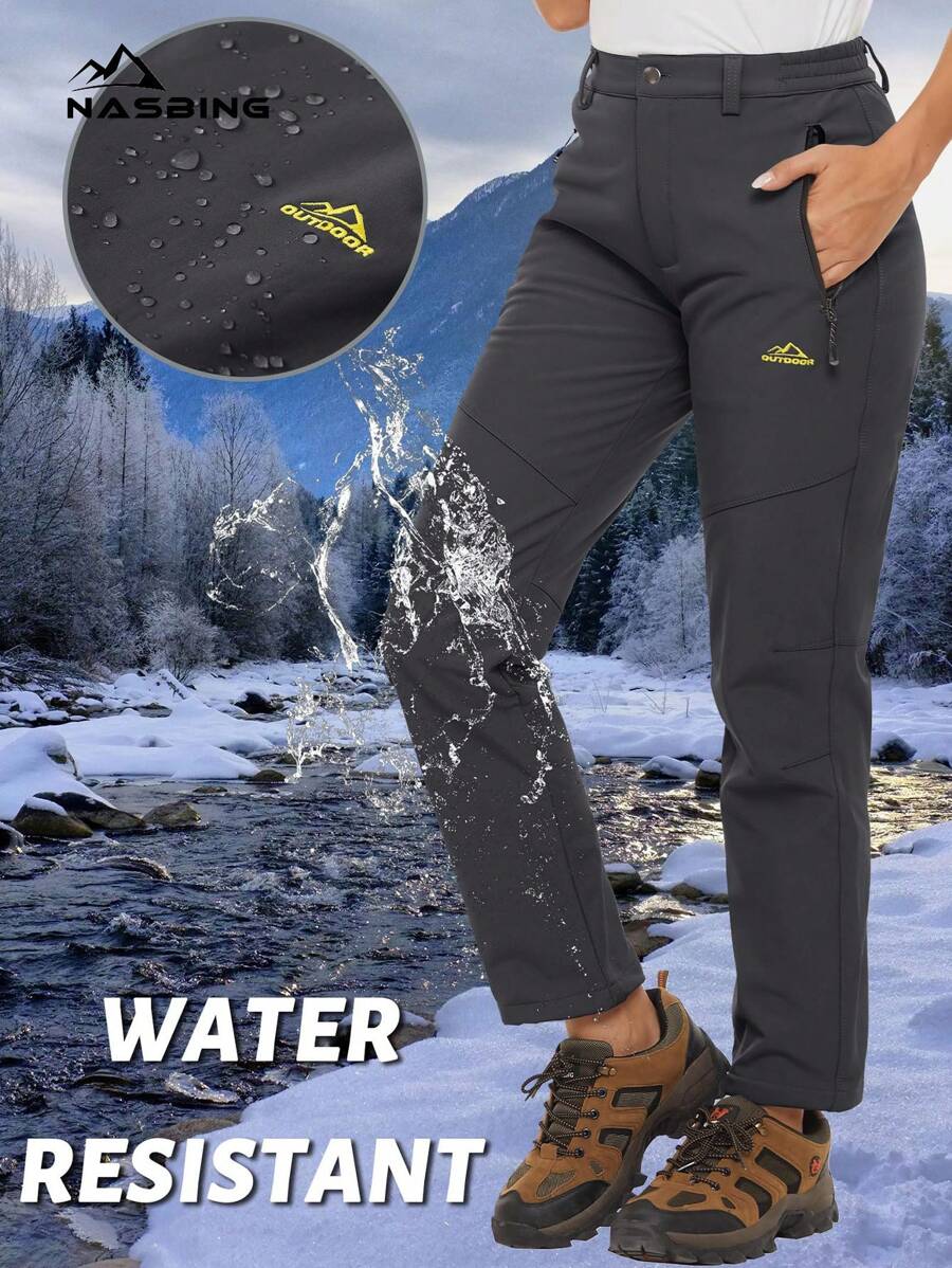 NASBING Women's Winter Thermal Lined Pants Waterproof Windproof Ripstop Softshell Warm 4-Way Stretch Zip-Fly Side Elastic Waist 2 Secure Zipper Pockets Snow Ski Pants Hiking Camping Outdoor Sport - 深灰色 - 查看 1