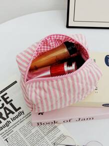 1PC Túi đựng đồ trang điểm chần bông sọc hồng đẹp, Túi đựng đồ trang điểm họa tiết sọc hai màu cổ điển, Vải lót kẻ caro màu hồng, Túi đựng đồ trang điểm du lịch thời trang xách tay, Đa chức năng, Túi đựng mỹ phẩm đơn giản, Túi đựng đồ dung tích lớn, Thích hợp đựng ví, Son môi, Băng vệ sinh, Chìa khóa, v.v., Túi đựng đồ vệ sinh dễ thương, Túi đựng đồ du lịch, Thích hợp cho phụ nữ, trẻ em gái, học sinh, Quà tặng - Bụi hồng - Xem 8