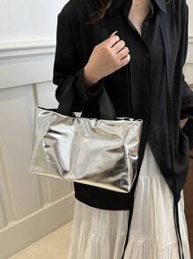 Túi Tote Lớn Màu Kẹo Holographic Bóng, Túi Xách Nữ Đi Học, Đi Làm, Mua Sắm - Bạc - Xem 9