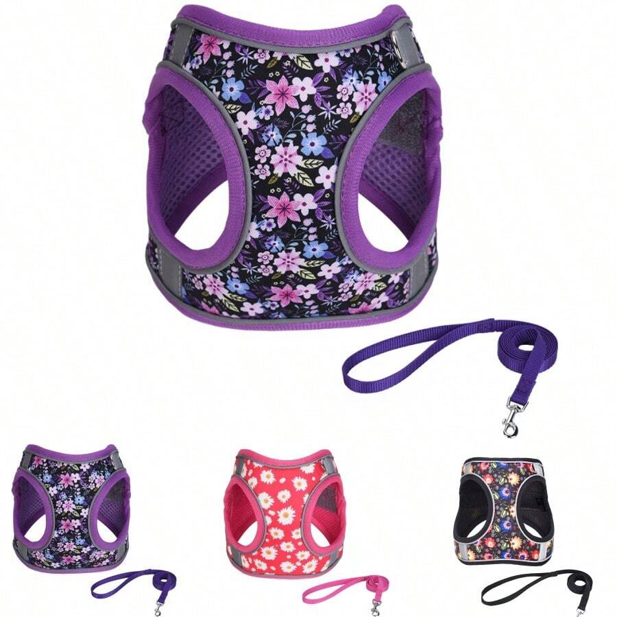 Bộ dây nịt và dây xích cho chó có đệm lưới mềm phản quang có thể điều chỉnh, phù hợp cho chó vừa và nhỏ